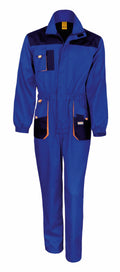 The R321X from Result Work-Guard is a coverall in blue and black with orange accents, equipped with a front zipper and multiple pockets.