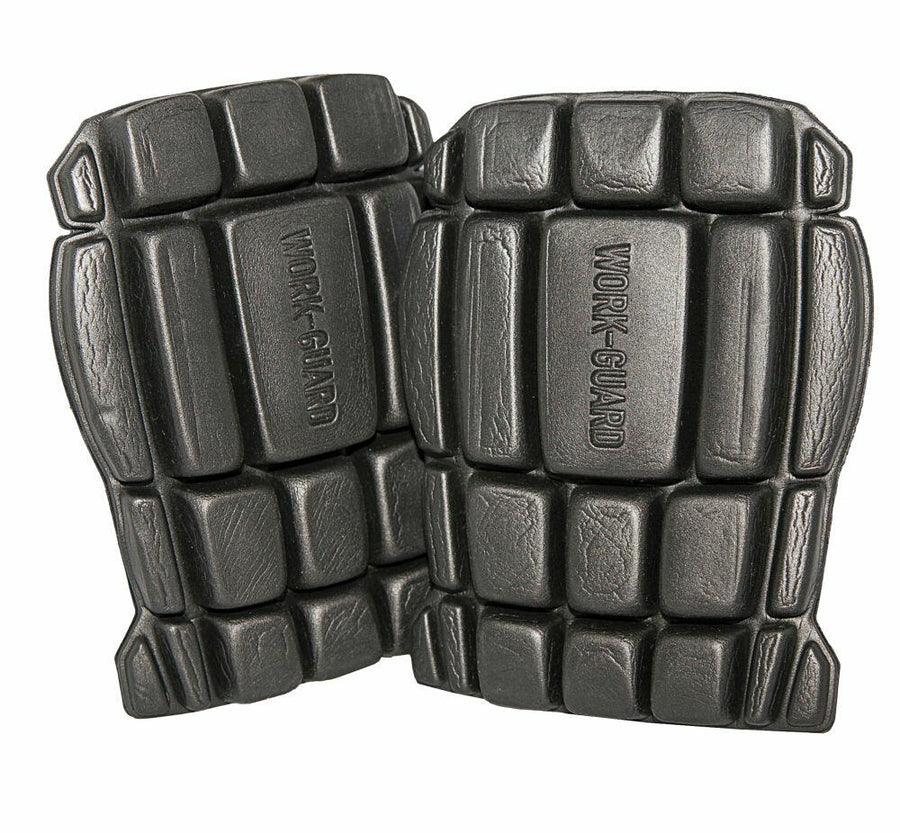 Two black R322X knee pads with segmented padding, featuring the "Result Work-Guard" text imprinted on them.