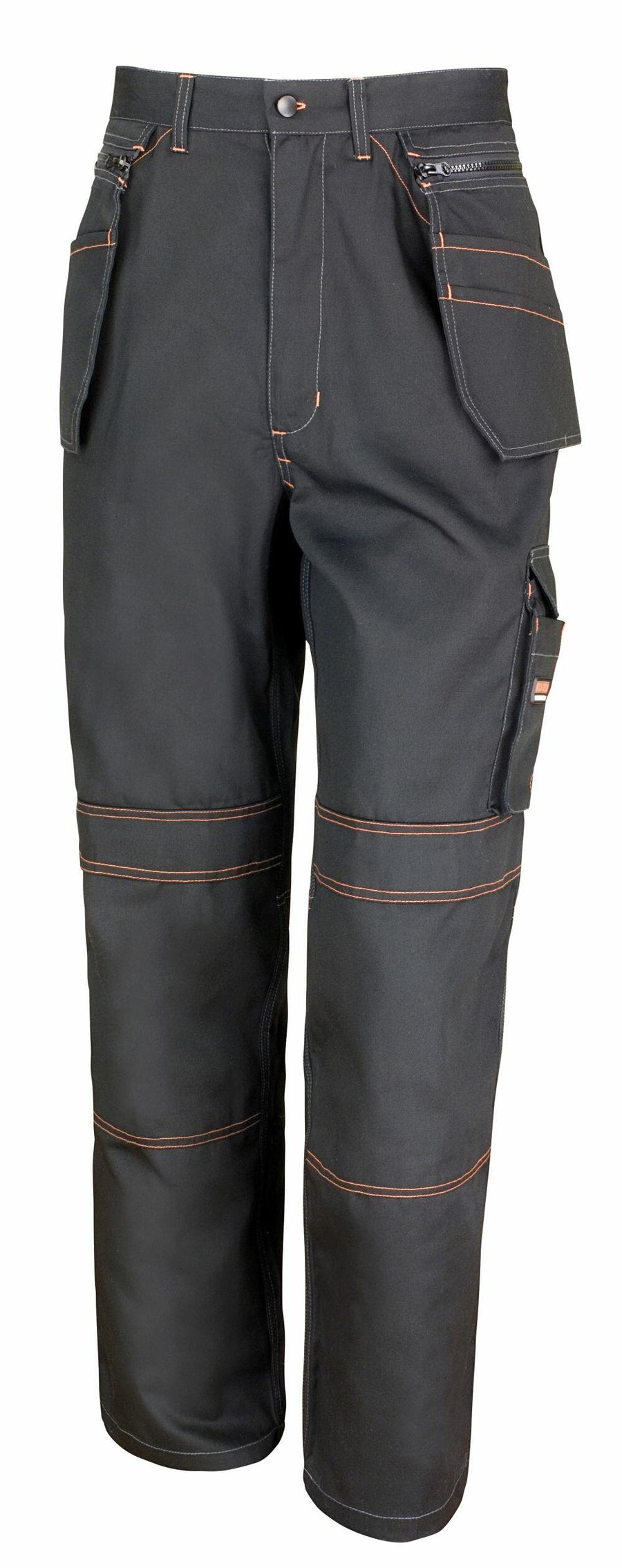 The R323X by Result Work-Guard are black work pants accented with orange stitching, boasting several pockets and featuring cargo pockets on the sides along with zipper details at the top.