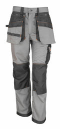Result Work-Guard's R324X work pants, featuring gray and black colors with multiple pockets and reinforced knee areas, are showcased against a white background.