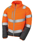 The R325F by Result Safeguard is a vivid orange and gray reflective safety jacket featuring a zip front and high-visibility stripes.
