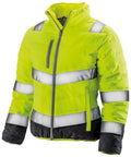 A Result Safeguard R325F puffer jacket in neon yellow and black, featuring silver reflective stripes and a front zipper.