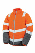 Result Safeguard's R325M is a bright orange insulated jacket featuring reflective white stripes and gray sleeves.
