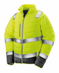 The R325M high-visibility yellow puffer jacket from Result Safeguard features reflective silver stripes and black accents on the sleeves and hem.