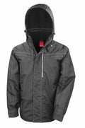 A Result R326X jacket in black is showcased on a white background, featuring a full front zipper, pockets, and a high collar.