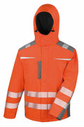 The R331X by Result Safe Guard is an orange safety jacket with reflective silver stripes, complete with a hood, zipper closure, and multiple pockets.