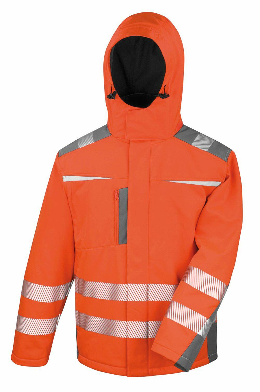 The R331X by Result Safe Guard is an orange safety jacket with reflective silver stripes, complete with a hood, zipper closure, and multiple pockets.