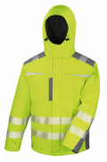 The R331X from Result Safe Guard is a bright yellow-green safety jacket featuring reflective silver stripes and an attached hood.
