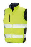 The Result Safeguard R332X is a high-visibility yellow safety vest featuring reflective stripes and a zippered front pocket.