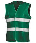 A Result Core R334F safety vest in green, featuring two horizontal white reflective stripes.
