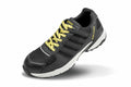 The R348X, from Result Work-Guard, is a work shoe featuring a black and gray design with vibrant yellow laces and a robust white sole. The words "Work Guard" are prominently displayed on the side.