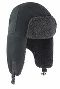 R358X by Result Winter Essentials is a black fleece trapper hat featuring a faux fur lining and an adjustable chin strap.