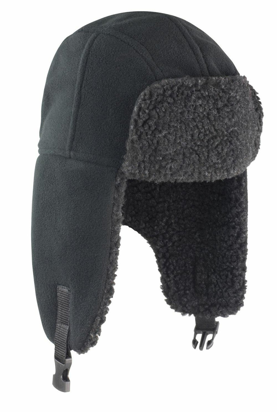 R358X by Result Winter Essentials is a black fleece trapper hat featuring a faux fur lining and an adjustable chin strap.