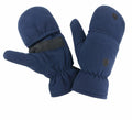 A pair of Result Winter Essentials R363X navy blue fleece mittens with black Velcro patches on the palms, displayed against a white background.