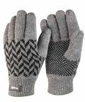 A pair of gray knit R365X gloves with black decorative patterns on the fingers and palms. The label near the wrist reads "Result Thinsulate.