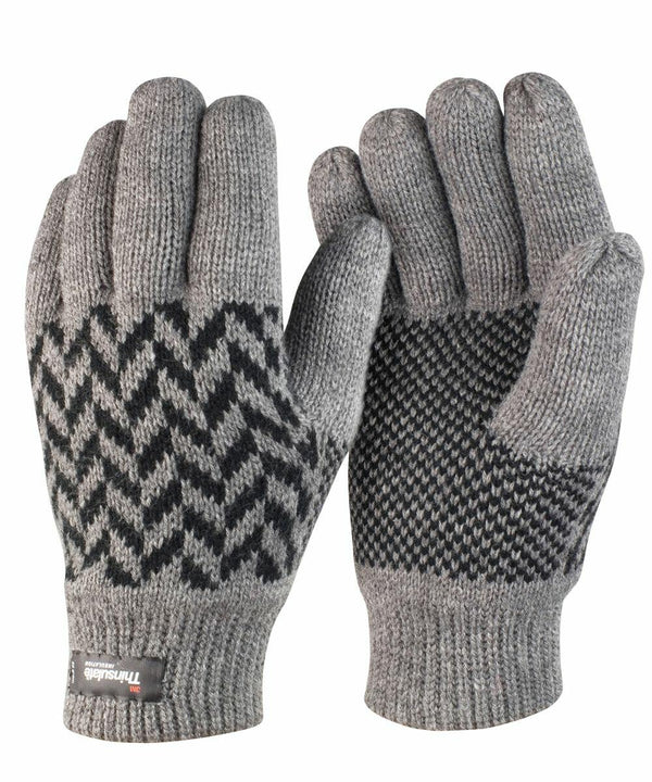 A pair of gray knit R365X gloves with black decorative patterns on the fingers and palms. The label near the wrist reads "Result Thinsulate.