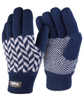 A pair of Result Winter Essentials R365X navy blue winter gloves, featuring white zigzag and dotted patterns along with Thinsulate tags on the cuffs.