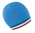 Product R368X by Result Winter Essentials is a blue knit beanie featuring green, white, blue, and red stripes along the bottom.