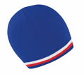 A blue R368X beanie cap by Result Winter Essentials, featuring a red and white stripe near the brim.