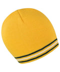 A yellow knit beanie from Result Winter Essentials, model R368X, featuring two navy and white stripes near the edge, photographed against a white background.