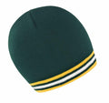The Result Winter Essentials R368X knit beanie, featuring a green design with yellow and white stripes near the bottom edge, is showcased on a white background.
