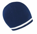 A Result Winter Essentials R368X beanie in blue, featuring a white stripe along the bottom edge, displayed against a plain white background.