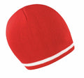 A knit beanie in red with a white stripe near the edge from the Result Winter Essentials brand, Product Name: R368X.