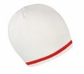 A side view of the Result Winter Essentials R368X beanie, featuring a white knit fabric with a soft texture and a distinctive red stripe near the bottom edge.