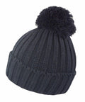 A black, ribbed knit beanie hat with a pom-pom on top, **Result R369X**.