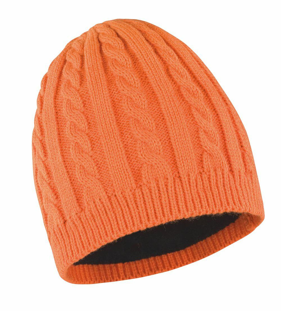 R370X, a knitted beanie in orange with a cable pattern design, presented on a white background by Result Winter Essentials.