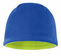 A beanie from Result Winter Essentials, model R374X, featuring a blue fleece exterior and a green interior, displayed against a white background.