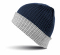 A blue knitted beanie with a gray folded brim from the Result Winter Essentials collection, product R378X.