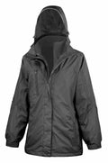 The Result R400F, a dark gray winter jacket featuring a hood and designed with multiple zippers and pockets, is displayed against a white backdrop.