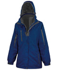 Result's R400F is a blue waterproof jacket featuring a hood, gray accents, and multiple zippered pockets.