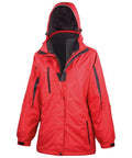 R400F jacket from Result, designed with a red waterproof exterior, hood, and several zippered pockets, displayed front-facing.