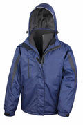 A Result R400M winter jacket in blue, featuring a hood, zippered pockets, and black accents.