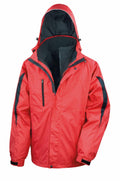 The Result R400M is a red waterproof jacket with a hood, distinguished by black accents on the sleeves and equipped with a front zippered pocket.