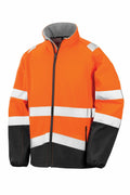The R450X from Result Safeguard is a high-visibility jacket in orange and black, featuring reflective white stripes and a front zipper.