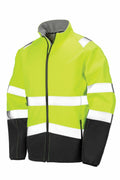 The R450X by Result Safeguard is a high-visibility jacket featuring neon yellow and black sections with reflective white bands.