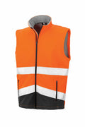 The R451X by Result Safeguard is a bright orange high-visibility vest featuring two horizontal silver reflective stripes and black accents, designed for safety wear.