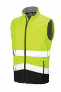 The R451X by Result Safeguard is a bright yellow high-visibility vest featuring two horizontal silver reflective stripes and black accents, designed for safety wear.