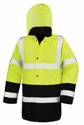 Introducing the Result Core R452X, a vibrant high-visibility yellow and black jacket featuring reflective stripes and an adjustable hood.