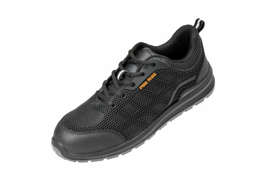 R456X athletic shoe by Result Workguard, featuring a black mesh design with a thick sole and a small yellow logo on the side.