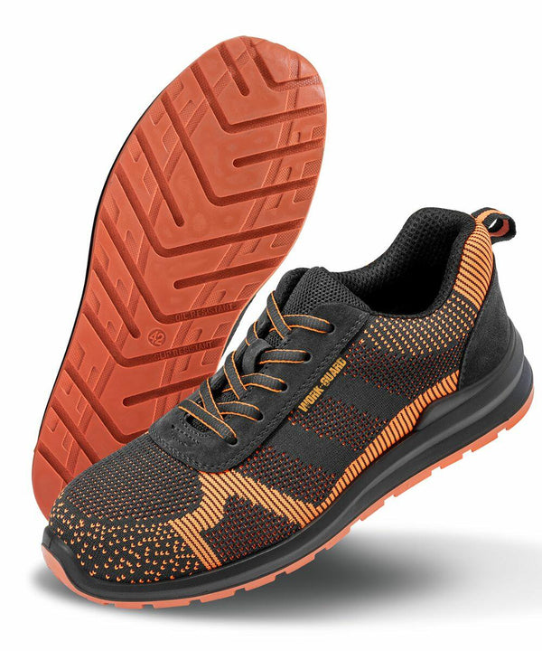 A pair of black and orange Result R457X running shoes with a textured sole displayed, one shoe tilted to show the tread pattern and the other upright.