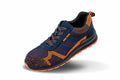 The R457X by Result Workguard is a casual athletic shoe featuring a blue and orange knit design, black laces, and orange accents on the sole.