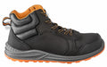 The R459X by Result Workguard is a black and orange high-top hiking boot, featuring a padded collar, orange laces, and a textured sole.