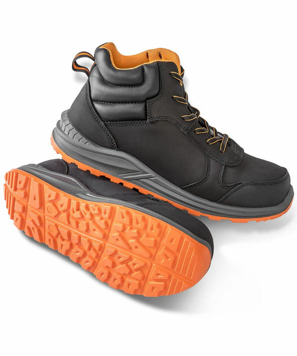 A pair of black high-top hiking boots with orange soles and laces, shown from the side and bottom views. The product is R459X from Result.