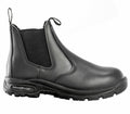 Introducing the R460X by Result Workguard: a stylish black leather ankle boot featuring a pull tab, elastic side panels, and a textured rubber sole.