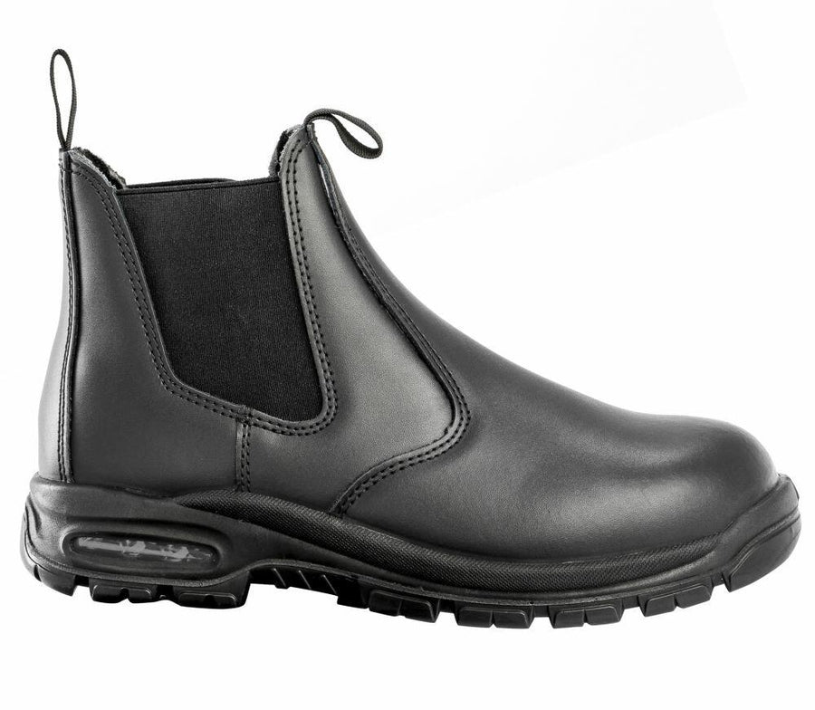 Introducing the R460X by Result Workguard: a stylish black leather ankle boot featuring a pull tab, elastic side panels, and a textured rubber sole.
