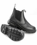 A pair of black leather Result R460X Chelsea boots with elastic side panels and pull tabs. One boot is upright while the other is on its side, displaying its treaded rubber sole.